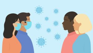 Group Of People With And Without Masks Standing Together. Virus Cells Flying In The Air