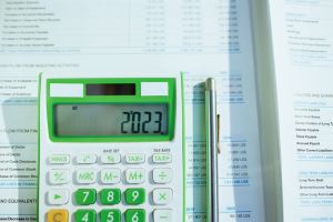 tax time. calculator and documents on desk