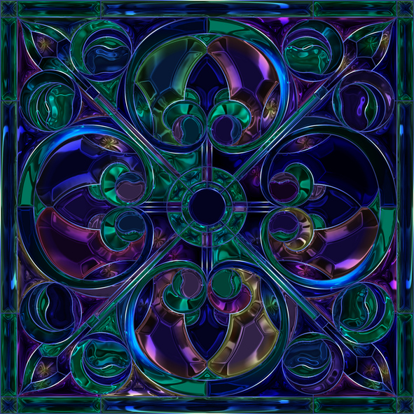 Medieval dark blue and burgundy church stained glass. Window frame with colored glass mosaic. Square tile art glass in the style of tiffany. Illustration