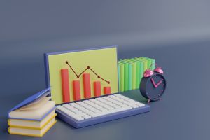 3D rendering laptop computer with decending bar graph. Busiess financial concept.
