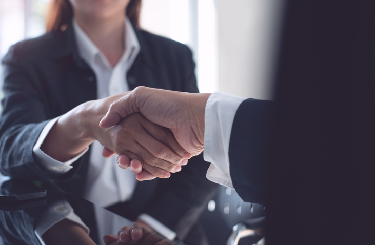 Business handshake. Business people making a handshake, close up. Two corporate businessman shaking hands during meeting in office