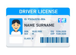Graphic representation of a driver s license card with a male photo, personal details, and security features