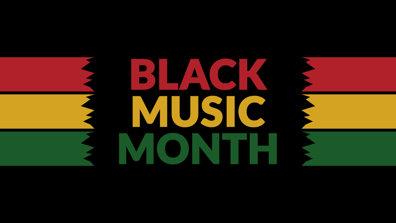Black Music Month text on Black background with side lines, Black Music Month banner, card, illustration, poster for enjoying and celebrating Black Music Month