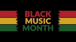 Black Music Month text on Black background with side lines, Black Music Month banner, card, illustration, poster for enjoying and celebrating Black Music Month