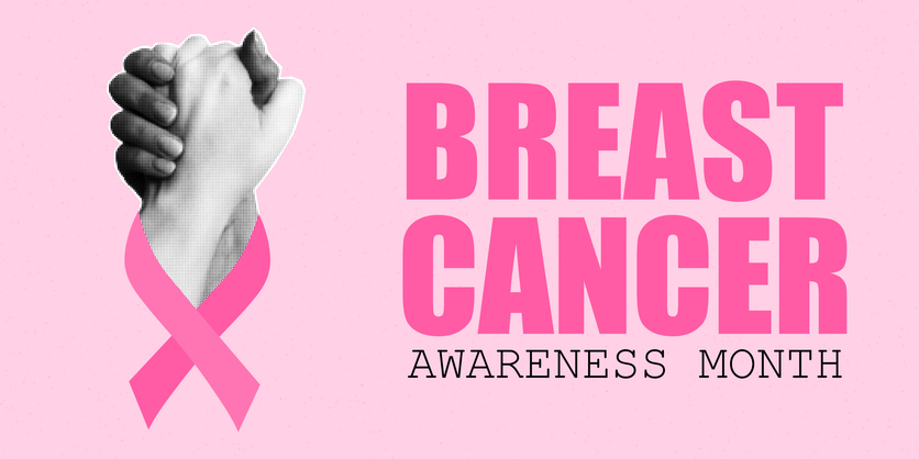 breast cancer awareness month. Paper cutouts, handshake. Pink ribbon