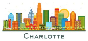 Charlotte North Carolina City Skyline with Color Buildings isolated on white. Business Travel and Tourism Concept with Modern Architecture. Charlotte Cityscape with Landmarks.