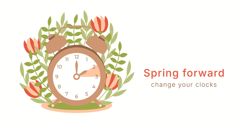 Spring Forward banner template. Change your Clocks. Hand go one hour ahead. Daylight saving time concept with reminder text. Graphic flat illustration with flowers and leaves for poster web card.
