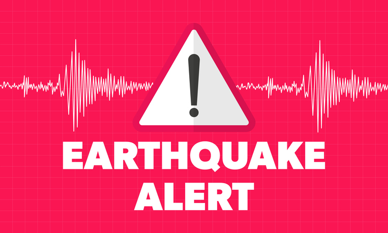 Earthquake alert. Modern background with triangle danger sign with exclamation mark, text and seismograph machine reading.