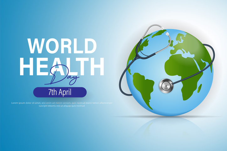 World Health Day banner template design with stethoscope and planet.