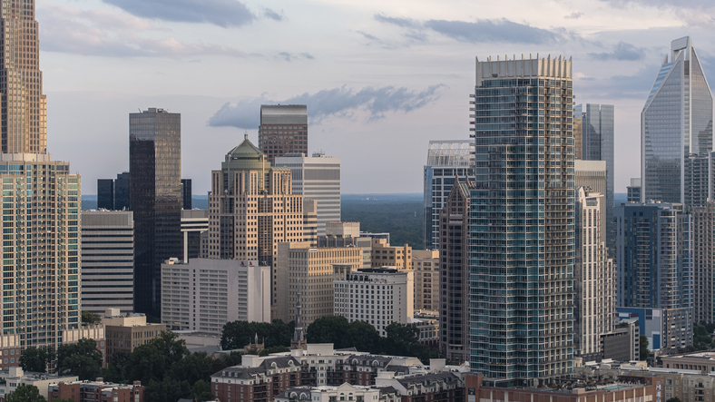 Cloudy evening in Downtown Charlotte, NC, USA with the view of modern, luxury apartments.