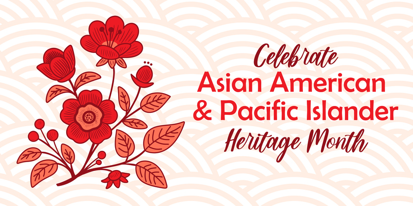Asian American, Pacific Islander Heritage month vector banner with hand drawn Asian flower branch silhouette. Greeting card, AAPI print